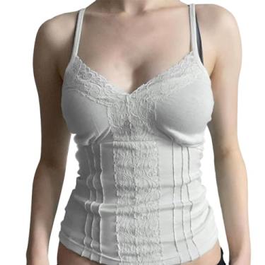 Imagem de Camiseta regata feminina Y2K cropped com alças finas, gola V, caimento justo, algodão, patchwork, moda urbana, Branco, P
