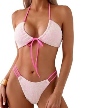 Imagem de Biquíni feminino sexy de renda crochê frente única com alças finas, rosa, M