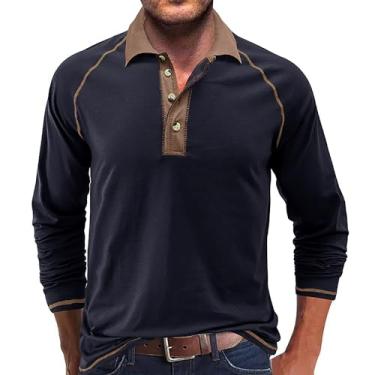 Imagem de Camisetas masculinas Henley manga comprida moletom polo outono moda 4 botões camisetas clássicas algodão golfe casual, Xp azul-marinho, M