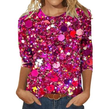 Imagem de Camiseta casual de manga 3/4 para mulheres, outono, verão, moderno, retrô, estampa de flores silvestres, pulôver, blusas, confortáveis e soltas, Estampa de lantejoulas rosa choque, M