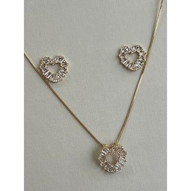 Imagem de Conjunto Colar e Brinco Coração Vazado Cravejado com Zircônias Banhado a Ouro 18K