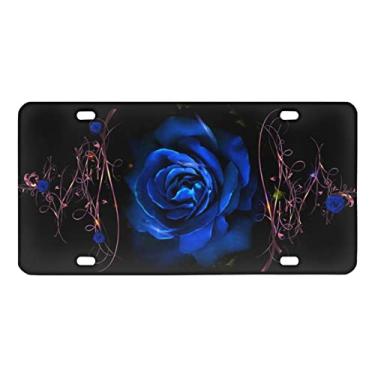 Imagem de GOSTONG Capa de placa de carro com estampa de rosa azul novidade decorativa de metal de alumínio suporte de etiqueta de carro acessórios automotivos protetor universal para carros, caminhões, SUV, veículos, tamanho-30 x 16 centímetros