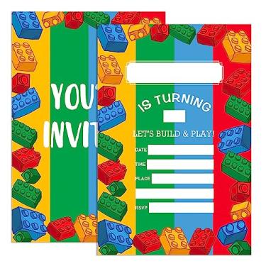 Imagem de Blocos de construção convites de aniversário para meninos com envelopes, convites para festa de aniversário, blocos de construção coloridos, cartões de convites de festa de aniversário, vamos