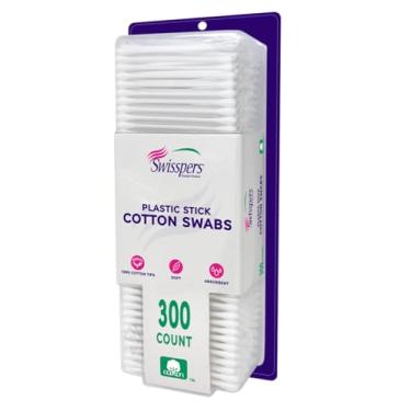 Imagem de Swisspers Cotonetes de algodão, 100% algodão de ponta dupla, palitos de plástico branco, pacote com 300 unidades