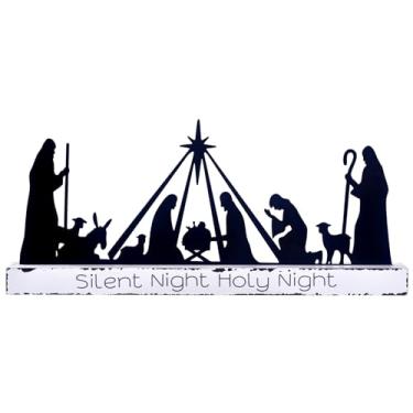 Imagem de Presépio para Natal, conjunto de placas de decoração de presépio de metal com base de madeira, escultura interna e externa, decoração de pessoas, ornamento de silhueta para férias, jardim, gramado,