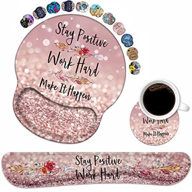 Imagem de Conjunto de descanso de pulso para teclado e mouse pad com porta-copos, citação inspiradora, mantenha o trabalho positivo e faça acontecer com base de poliuretano antiderrapante para computador,