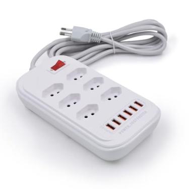 Imagem de Filtro de Linha com 6 Entradas de 3 Pinos Padrão Brasileiro 10A e 6 Portas USB 5V 3.4A, Cabo de 3 Metros, Branco