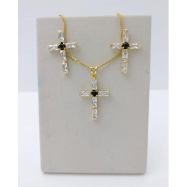 Imagem de Conjunto Cruz com Cristal Folheado a Ouro REF 100126 - Shekináh Joias 