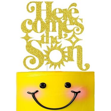 Imagem de Gold Glitter Here Comes the Son Cake Topper, Oh Boy/It's a Boy/A Little Sunshine is on the Way, Sun Themed Baby Shower/Gender Reveal Party Decorations Supplies