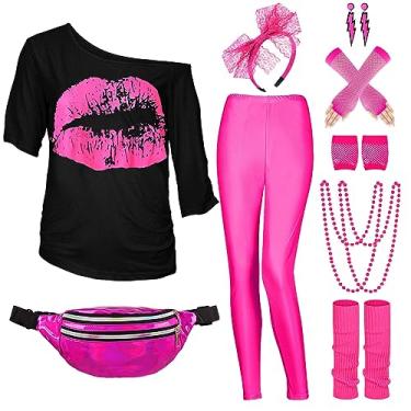 Imagem de WILDPARTY Acessórios de fantasia dos anos 80 para mulheres, camiseta tutu pochete faixa de cabeça brinco colar luvas arrastão polainas, Leggings - rosa, XX-Large