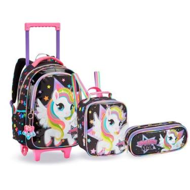 Imagem de Kit Mochila Rodinha Unicórnio Power Rock Star Menina Escolar - Denlex