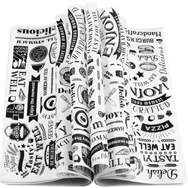 Imagem de Marspark 200 peças de folhas de papel encerado Deli 30 x 30,5 cm, bandeja quadrada resistente à graxa, forros de cesta, papel de jornal à prova de água e graxa para assar alimentos (branco preto)