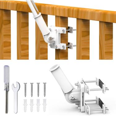 Imagem de BUJ Suporte de mastro de bandeira sem perfuração para trilhos, suporte de mastro de bandeira para trilhos de varanda e cerca, varanda de apartamento, grade quadrada ou redonda - dois métodos de instalação - com almofadas de silicone, para mastro de bandeira de 2,5 cm (branco)