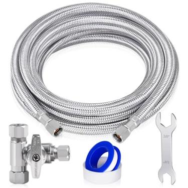Imagem de Kit de linha de água para máquina de gelo para geladeira – Linha de água de geladeira trançada de aço inoxidável de 2,5 m com conexões de compressão de 0,6 cm, núcleo de tubulação Pex e divisor de