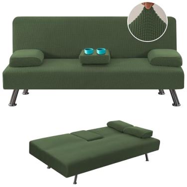 Imagem de H.VERSAILTEX 4 capas elásticas para futon para sofá-cama com apoios de braços removíveis e porta-copos protetor de móveis, tecido jacquard de alto elastano, pequeno xadrez, verde bronze