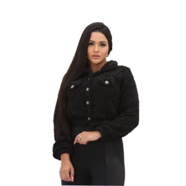 Imagem de Casaco teddy curto blusa de frio feminina pelinhos manga longa - DE UM