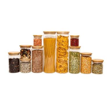 Imagem de Kit 11 Potes de Vidro Translúcido com Tampa de Bambu Redondo Porta Man