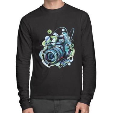 Imagem de Camiseta Algodão Câmera Fotográfica Manga Longa - Foca na Moda, Preto,
