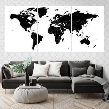 Imagem de Kit 3 Quadros Decorativos Mapa Mundi Preto 45x34cm - Quadros On-line, 
