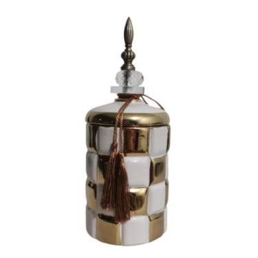 Imagem de Potiche  Formosa Grande Quadriculado Branco Dourado - LUXdecor Casa e 
