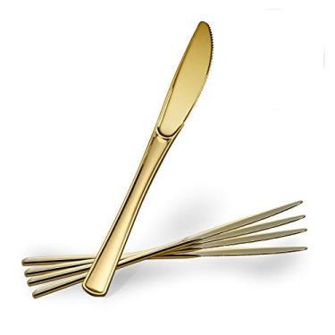 Imagem de Plasticpro Facas descartáveis de plástico dourado resistente, talheres de plástico extravagantes parecem talheres de ouro real - Utensílios ótimos para eventos de catering, restaurantes, festas e