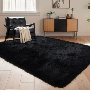 Imagem de KICHOWUA Tapete grosso preto felpudo 12 x 18 cm para quarto, tapete de pelúcia ultramacio felpudo lavável espesso antiderrapante, tapete peludo moderno e aconchegante para sala de estar, crianças,