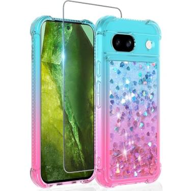 Imagem de Guzhthi Capa para Pixel 8A: Capa de telefone de canto à prova de choque de areia movediça líquida com glitter transparente para Google Pixel 8A com protetor de tela de vidro temperado - azul-petróleo