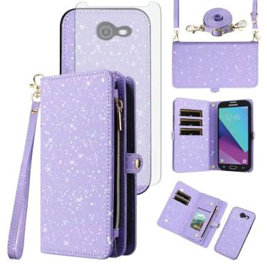 Imagem de Asuwish Capa de celular para Samsung Galaxy J3 Luna Pro J 3 Prime 2017 Emerge 3J Eclipse Mission Carteira magnética destacável com protetor de tela e compartimento para cartão com glitter S327VL roxo