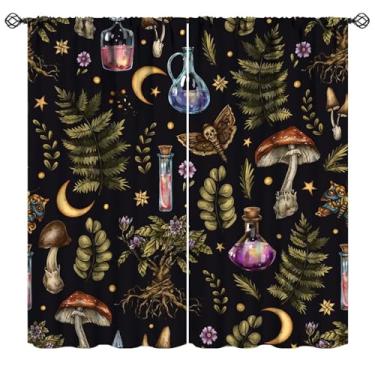 Imagem de JanJCurt Cortinas vintage de bruxa mística, frascos de veneno mágico, plantas florestais rústicas, estampa de mariposa de cogumelo selvagem, cortinas blackout para cozinha, quarto, banheiro, 106,7 cm