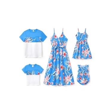 Imagem de PATPAT Roupas combinando para a família, vestidos para mamãe e eu, havaiano, tropical, férias, praia, alças finas, vestido e camisa, Hibisco tropical azul, 4-5 Anos