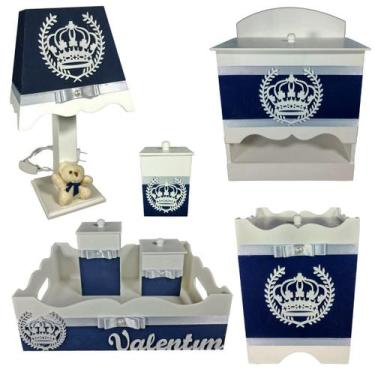 Imagem de Kit Higiene bebê Mdf menino 7 pçs - AZUL MARINHO COROA BRANCA - Flores