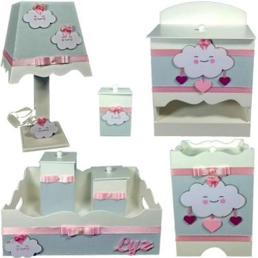 Imagem de Kit Higiene bebê Mdf menina 7 pçs - CHUVA DE AMOR CINZA E ROSA - Flore