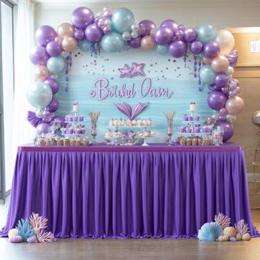 Imagem de Partisky Saia de mesa roxa de poliéster para mesas retangulares de 1,8 m, toalha de mesa pregueada resistente a rugas para banquetes, comércio de casamento, chá de bebê, mesa de jantar para presente