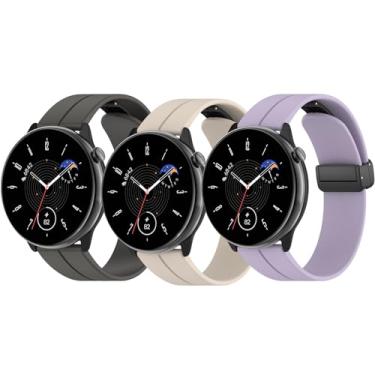 Imagem de Pacote com 3 pulseiras de relógio de silicone compatíveis com Amazfit GTS 2/GTS 2 mini/GTS 3/GTS 4/GTS 4 mini/GTR mini, pulseiras magnéticas com fivela dobrável de 20 mm para Amazfit Bip U Pro/Bip