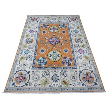 Imagem de Shahbanu Rugs Tapete com design Kazak Suzani com nó à mão colorido de lã pura laranja (1,8 m x 1,8 m)