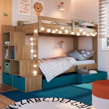 Imagem de Beliche 4 Gavetas com Escada Aveiro Oak/Azul Secreto - Completa Móveis