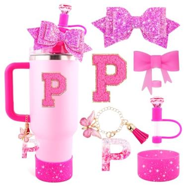 Imagem de Lingdeer Conjunto de acessórios de copo rosa rosa para copo Stanley de 850 g e 1,134 g com alça, pingentes de letras, capas de canudo de arco e diamante, bota de silicone com glitter, adesivo