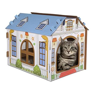 Imagem de SEKAM Casa de papelão para gatos com arranhador/erva de gato (40 cm C x 30 cm L x 33 cm A), casa de brincar para gatos internos, caixa de arranhar gatos e móveis de esconderijo, esconderijo para