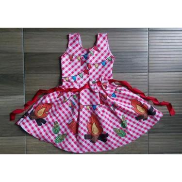 Imagem de Vestido Infantil Junino Xadrez Fogueira Rosa Festa Junina Tecido Neopr