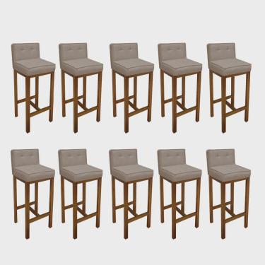 Imagem de Kit 10 Banqueta Alta Com Encosto Alba Cozinha Balcão Bistrô Base Madeira Carvalho Tecido Sintético Bege - Ahz Móveis