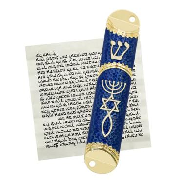 Imagem de MrMrKura Mezuzá com rolagem para porta, capa de mezuzá de metal com selo messiânico para bênção doméstica hebraica, presentes judaicos, decoração de aquecimento de casas judaicas, Natal, Páscoa (azul)