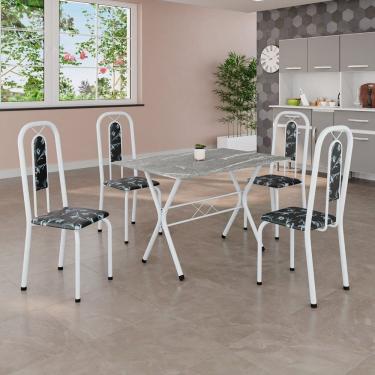 Imagem de Conjunto de Mesa Tubular 100x60cm Tampo em Granito com 4 Cadeiras Lívia Preto Floral / Branco
