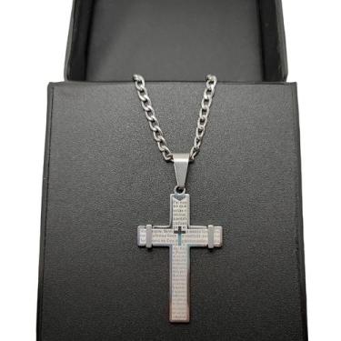Imagem de colar masculino crucifixo pai nosso inox prateado groumet c2 - kingsto