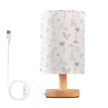 Imagem de Kigai Abajur De Cabeceira Com Estampa De Animais De Safári Marrom Para Quarto Com Portas Usb, Luminária Pequena De Mesa De Cabeceira Led Para Leitura E Mesa Com Abajur De Tecido Para Berçário, Sala