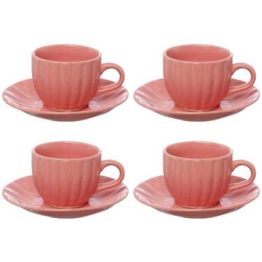 Imagem de Conjunto de 4 Xícaras De Chá 150ml Com Pires Cerâmica Rosa Hauskraft