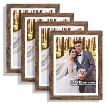 Imagem de Hongkee Conjunto de 4 porta-retratos de 28 x 38 cm, feito de vidro real e moldura marrom rústica - imagem de exibição 25 x 35 com tapete ou 28 x 38 sem tapete, foto de 28 x 38 cm para montagem na