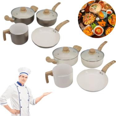 Imagem de Jogo de Panelas de Alumínio com Revestimento Cerâmico e Cabo de Baquelite Cor Vanilha e Gold Premium Luxo