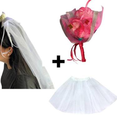 Imagem de Fantasia Noivinha Caipira Completa Festa Junina Kit Véu Buquê e Saia D