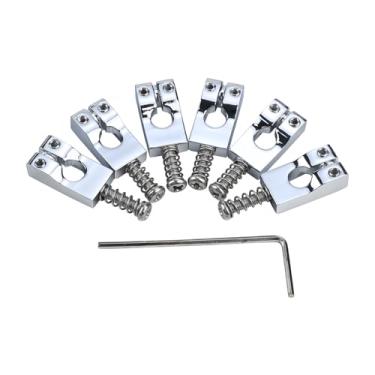 Imagem de OVSAL Pacote com 6 selas de ponte para guitarra elétrica 10,5 mm de latão Tremolo Bridge Saddles compatíveis com peças de reposição para guitarra Fender Strat Telecaster Tele 6 cordas (cromado)