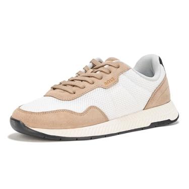 Imagem de BOSS Tênis masculino de cano baixo misto de couro, Asa de mariposa, branco brilhante, 39